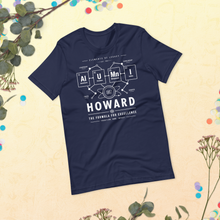 Load image into Gallery viewer, Navy blue t-shirt with white text and design on a beige background with decorative elements.